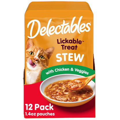 Delectables Lickable Treat Stew Wet Cat Treat with Real Chicken & Tuna, Food Topper, Hydrating, Grain-Free, No Fillers, No By-Products, No Added Preservatives, 1.4oz Pouch, 12ct