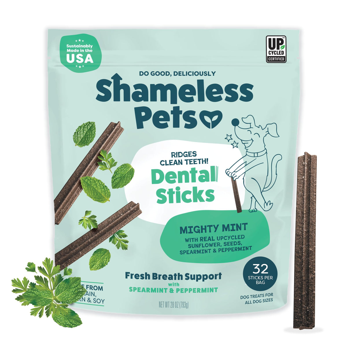 Shameless Pets Blueberry & Mint Dental Chews for Dogs, 8 Chews - Natural Dog Teeth Cleaning Treats with Fresh Breath Benefits | Grain-Free Dental Sticks for Small, Medium & Large Dogs (Pack of 6)