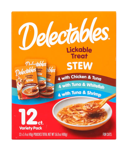 Delectables Lickable Treat Stew Wet Cat Treat with Real Tuna & Shrimp, Food Topper, Hydrating, Grain-Free, No Fillers, No By-Products, No Added Preservatives, 1.4oz Pouch, 12ct