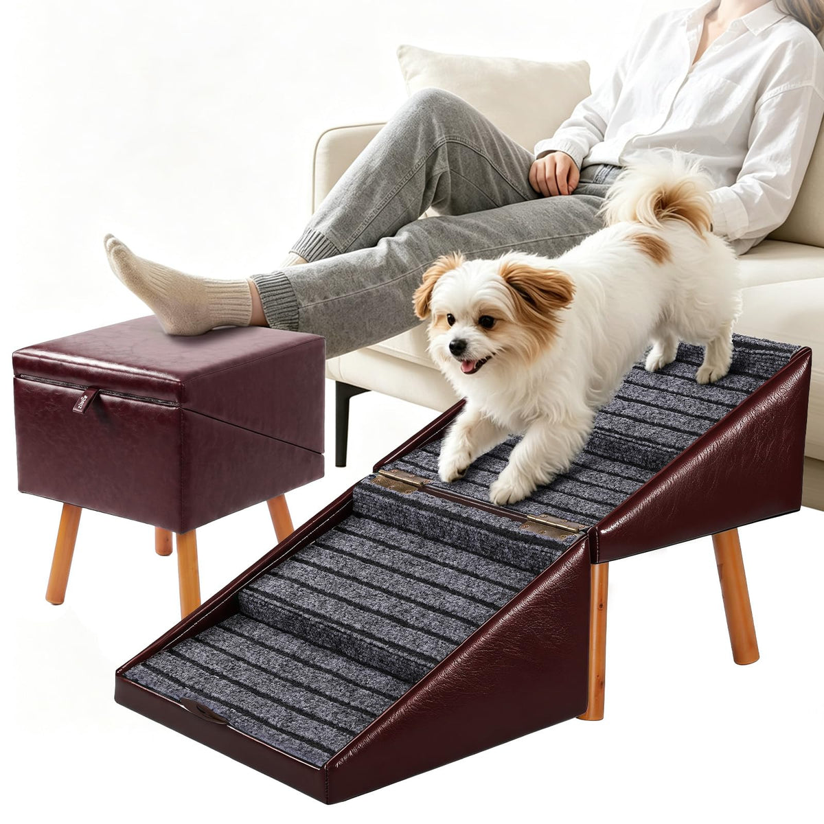 Dog Stairs for Small Dogs Faux Leather Foldable Pet Ramp and Ottoman
