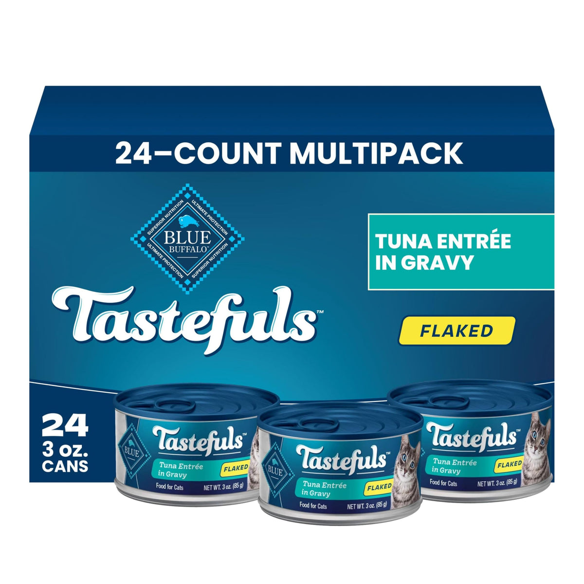 Blue Buffalo Tastefuls Wet Cat Food, Made with Natural Ingredients, Tuna and Chicken Flaked Entrées in Gravy, 3oz Cans, 4-Count Variety Pack Trial Size