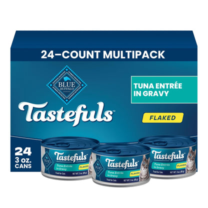 Blue Buffalo Tastefuls Wet Cat Food, Made with Natural Ingredients, Tuna and Chicken Flaked Entrées in Gravy, 3oz Cans, 4-Count Variety Pack Trial Size