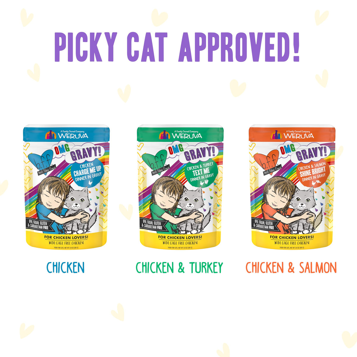 Weruva B.F.F. OMG - Best Feline Friend Oh My Gravy! Tuna & Chicken Charm Me with Tuna & Chicken in Gravy Cat Food, 3oz Pouch (Pack of 48)