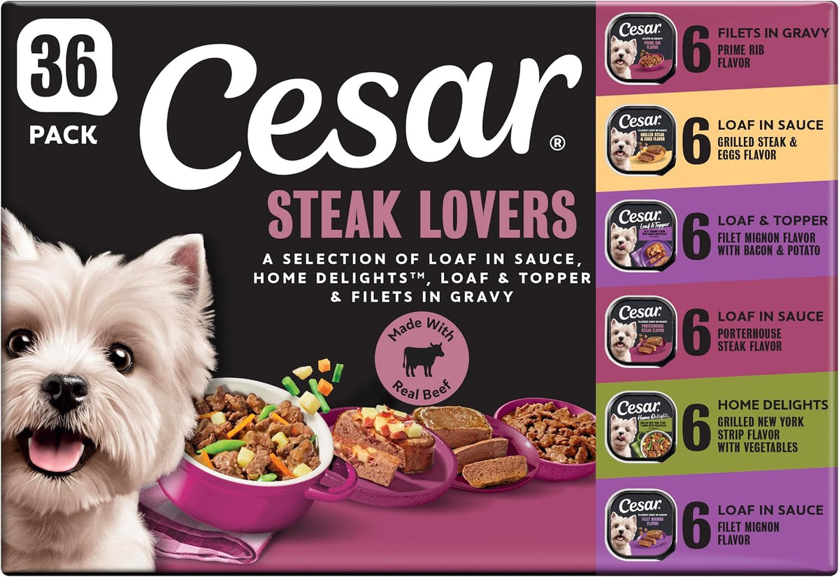 Cesar Wet Dog Food, Steak Lovers Variety Pack, 3.5 oz, 36 Count