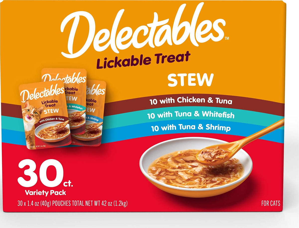 Delectables Lickable Treat Stew Wet Cat Treat with Real Tuna & Shrimp, Food Topper, Hydrating, Grain-Free, No Fillers, No By-Products, No Added Preservatives, 1.4oz Pouch, 12ct