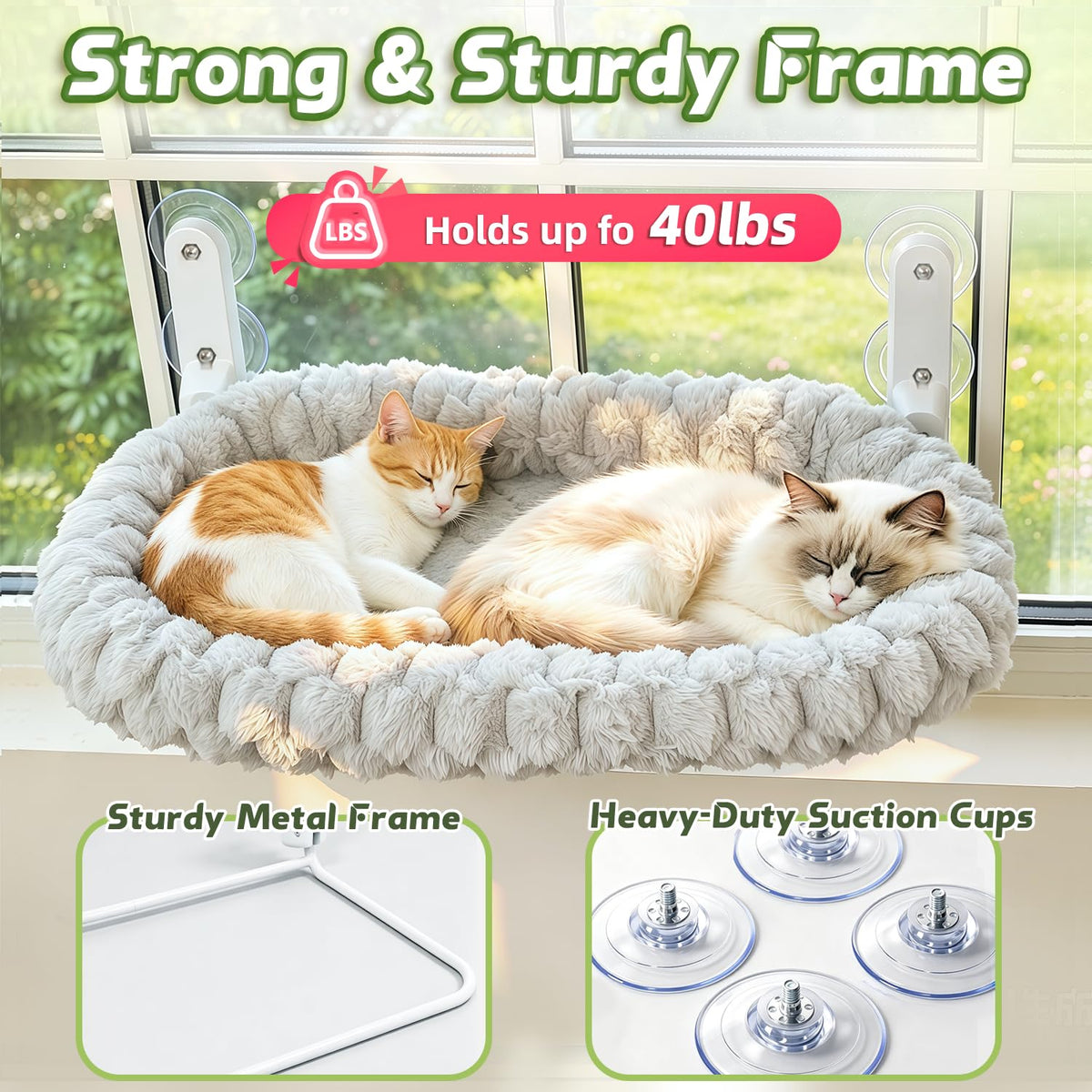 AMOSIJOY Cordless Cat Window Perch with Cushion Bed Metal Frame, L Gray