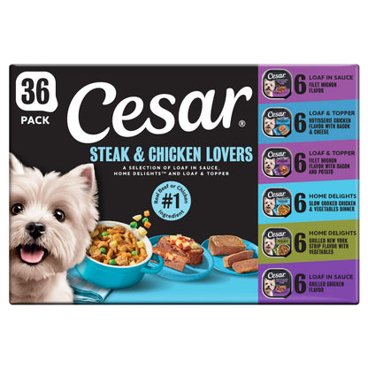 Cesar Wet Dog Food, Steak Lovers Variety Pack, 3.5 oz, 36 Count