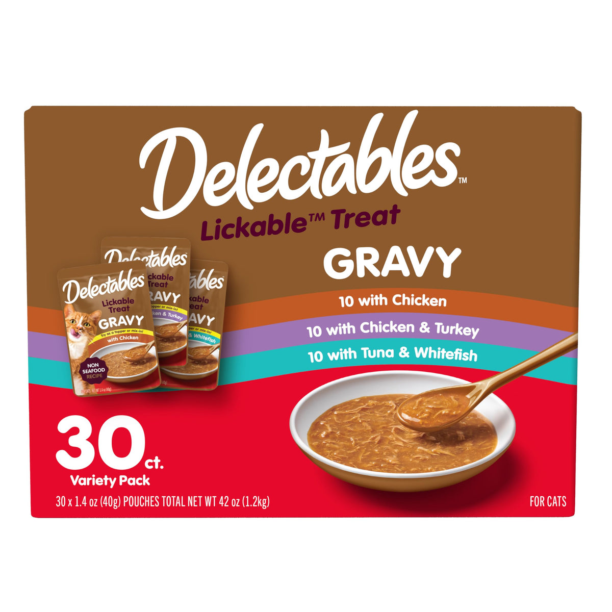 Delectables Lickable Treat Gravy Wet Cat Treat Variety Pack, Food Topper, Hydrating, Grain-Free, No Fillers, By-Products, Added Preservatives, 1.4oz Pouch, 12ct