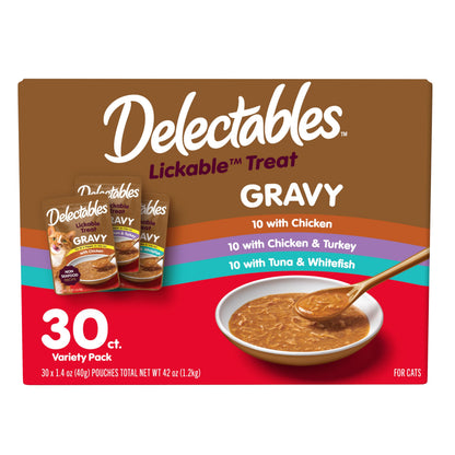 Delectables Lickable Treat Gravy Wet Cat Treat Variety Pack, Food Topper, Hydrating, Grain-Free, No Fillers, By-Products, Added Preservatives, 1.4oz Pouch, 12ct