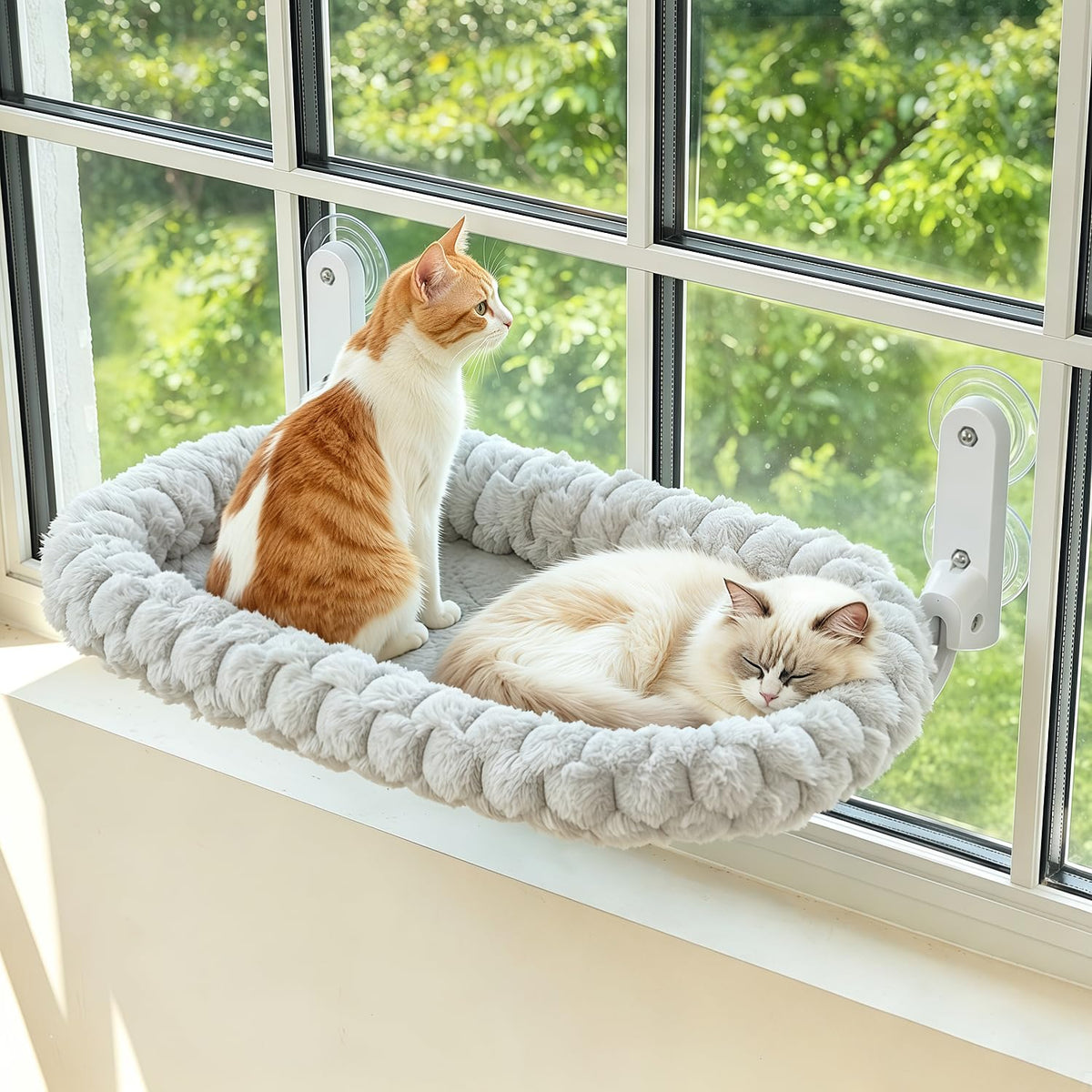 AMOSIJOY Cordless Cat Window Perch with Cushion Bed Metal Frame, L Gray