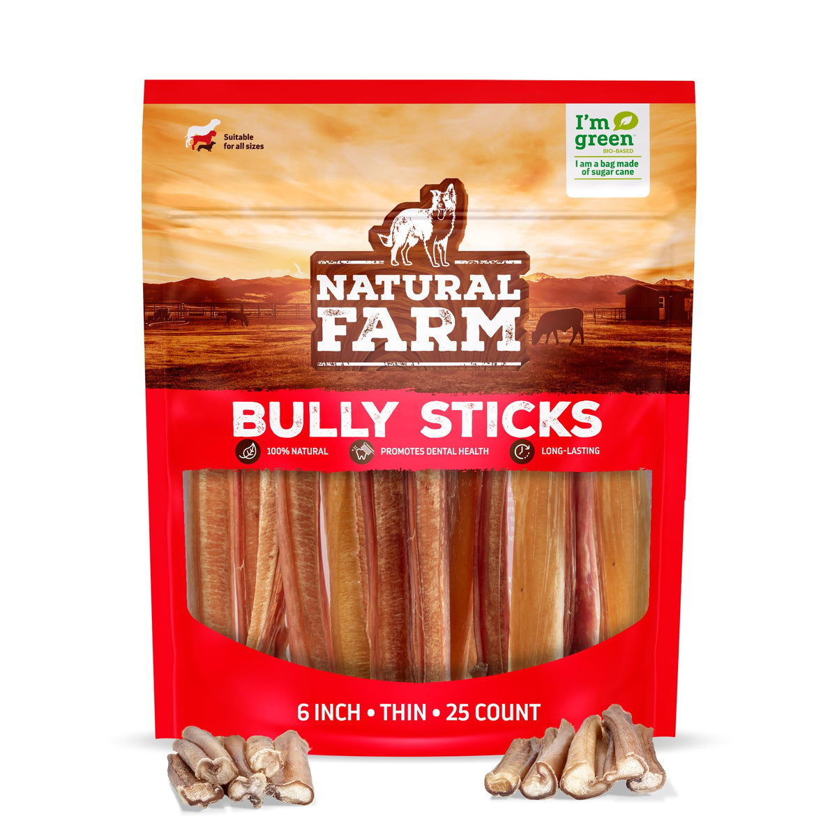 Natural Farm Odor-Free Bully Sticks (6 Inch, 25 count),1.3 lb. Bag, Fully Digestible 100% Beef Pizzle Chews,Grass-Fed, Non-GMO,Grain-Free, Natural Long-Lasting Chews for Small & Large Dogs. Pack of 25