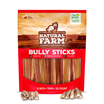 Natural Farm Odor-Free Bully Sticks (6 Inch, 25 count),1.3 lb. Bag, Fully Digestible 100% Beef Pizzle Chews,Grass-Fed, Non-GMO,Grain-Free, Natural Long-Lasting Chews for Small & Large Dogs. Pack of 25