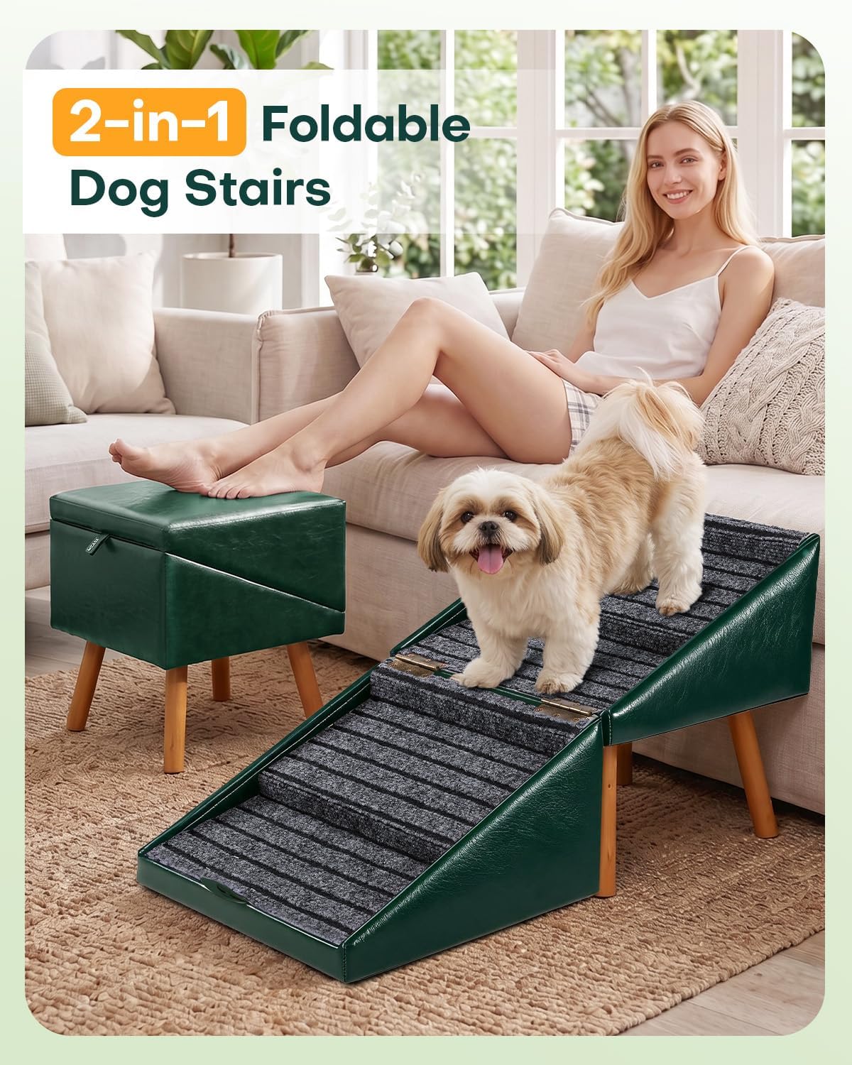 Dog Stairs for Small Dogs Faux Leather Foldable Pet Ramp and Ottoman
