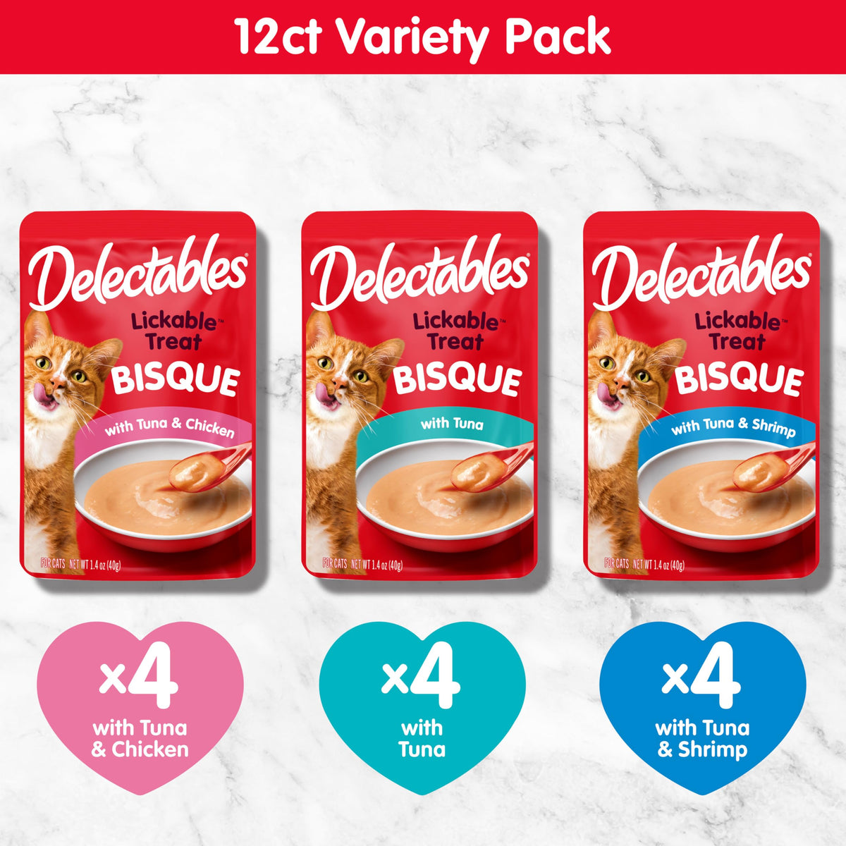 Delectables Lickable Treat Bisque Wet Cat Treat with Real Tuna, Food Topper, Hydrating, Grain-Free, No Fillers, By-Products, Added Preservatives, 1.4oz Pouch, 12ct