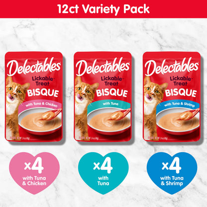 Delectables Lickable Treat Bisque Wet Cat Treat with Real Tuna, Food Topper, Hydrating, Grain-Free, No Fillers, By-Products, Added Preservatives, 1.4oz Pouch, 12ct