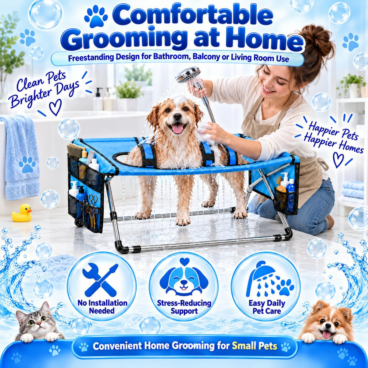 Dog Bed Foldable Grooming Hammock Stand and Bath Holder for Small Pets