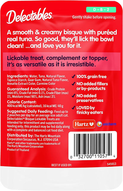 Delectables Lickable Treat Bisque Wet Cat Treat with Real Tuna, Food Topper, Hydrating, Grain-Free, No Fillers, By-Products, Added Preservatives, 1.4oz Pouch, 12ct