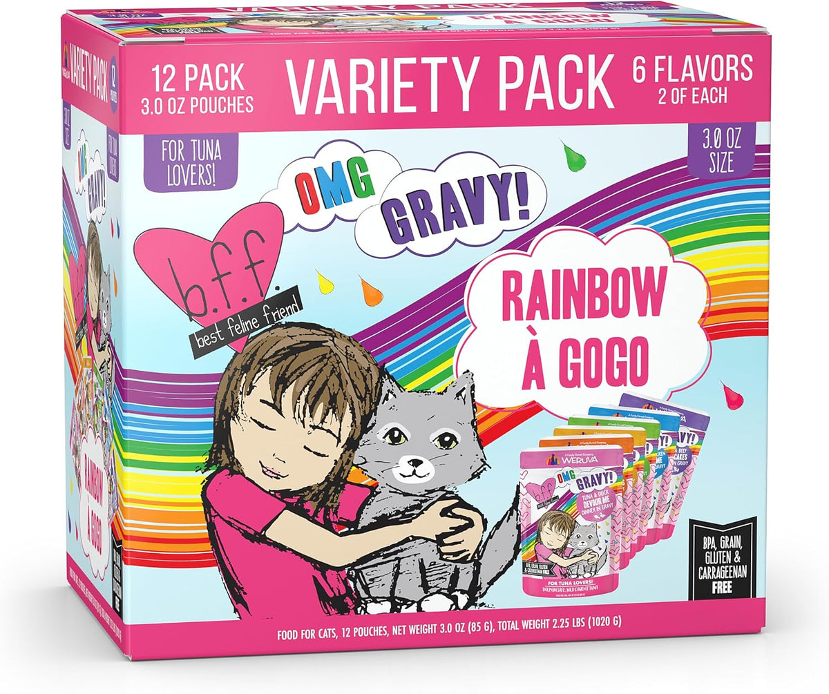 Weruva B.F.F. OMG - Best Feline Friend Oh My Gravy!, Rainbow A Gogo Variety Pack! Cat Food, 3oz Pouch (Pack of 12)