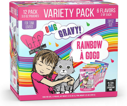 Weruva B.F.F. OMG - Best Feline Friend Oh My Gravy!, Rainbow A Gogo Variety Pack! Cat Food, 3oz Pouch (Pack of 12)