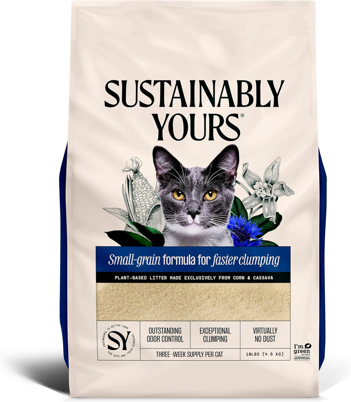 Sustainably Yours Natural Cat Litter, Small-Grain Formula, Exceptional Clumping & Odor Control, Virtually No Dust, Soft on Paws, Corn & Cassava Plant-Based, Unscented, 10 lbs