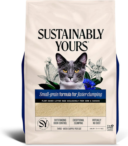 Sustainably Yours Natural Cat Litter, Small-Grain Formula, Exceptional Clumping & Odor Control, Virtually No Dust, Soft on Paws, Corn & Cassava Plant-Based, Unscented, 10 lbs