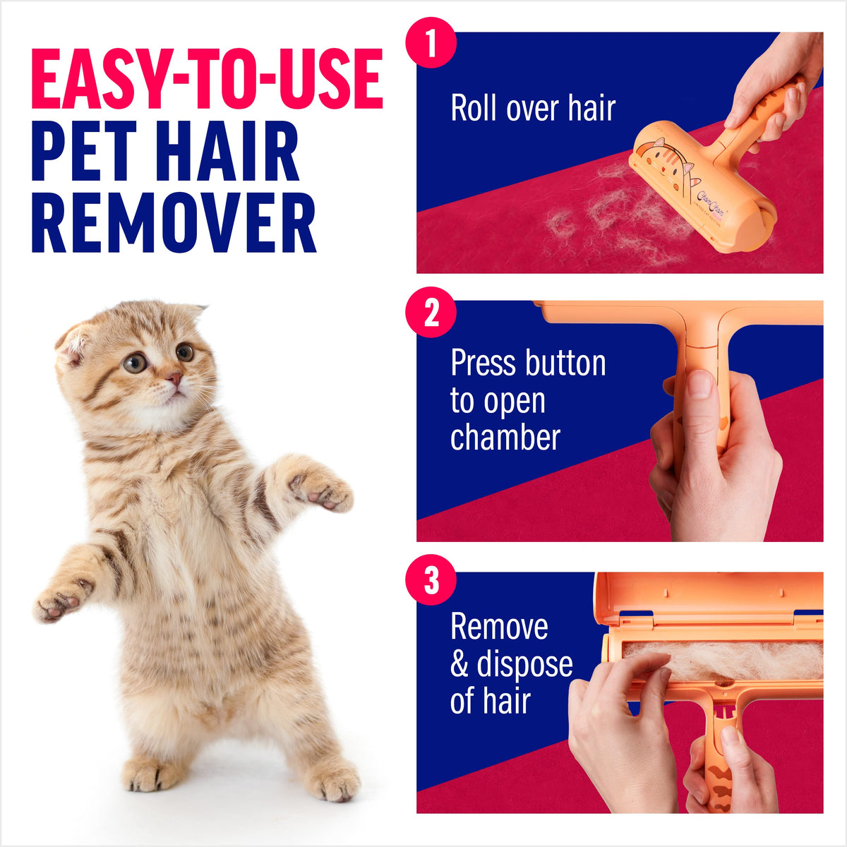 ChomChom Roller Pet Hair Remover – Original Size Reusable Lint Roller for Cat & Dog Hair on Furniture, Couch, Carpet, Car, Rugs & Bedding – Portable, Eco-Friendly (White)