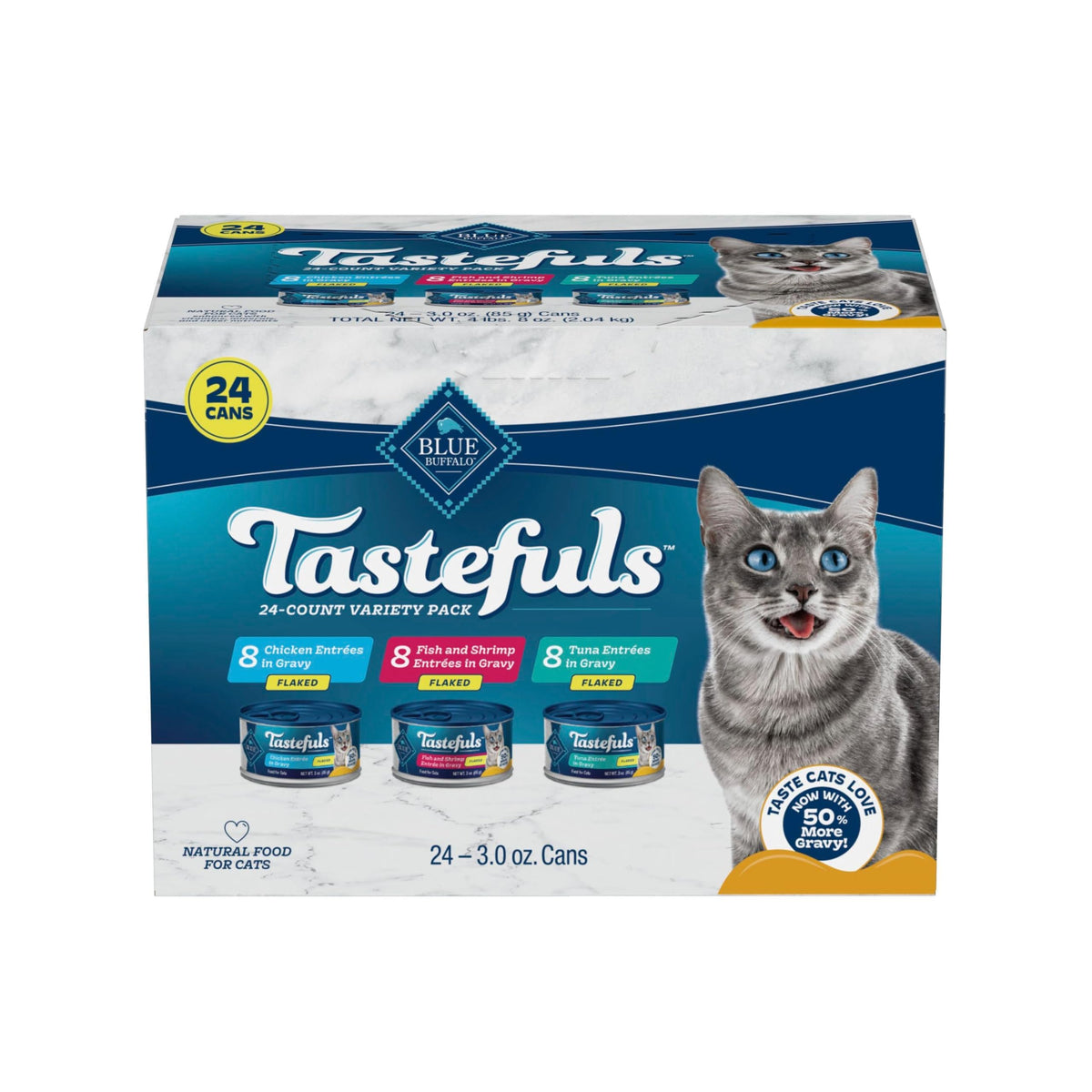 Blue Buffalo Tastefuls Wet Cat Food, Made with Natural Ingredients, Tuna and Chicken Flaked Entrées in Gravy, 3oz Cans, 4-Count Variety Pack Trial Size