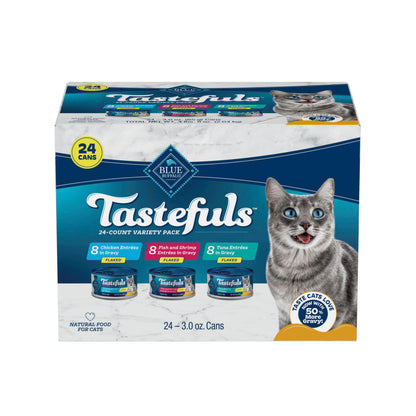 Blue Buffalo Tastefuls Wet Cat Food, Made with Natural Ingredients, Tuna and Chicken Flaked Entrées in Gravy, 3oz Cans, 4-Count Variety Pack Trial Size
