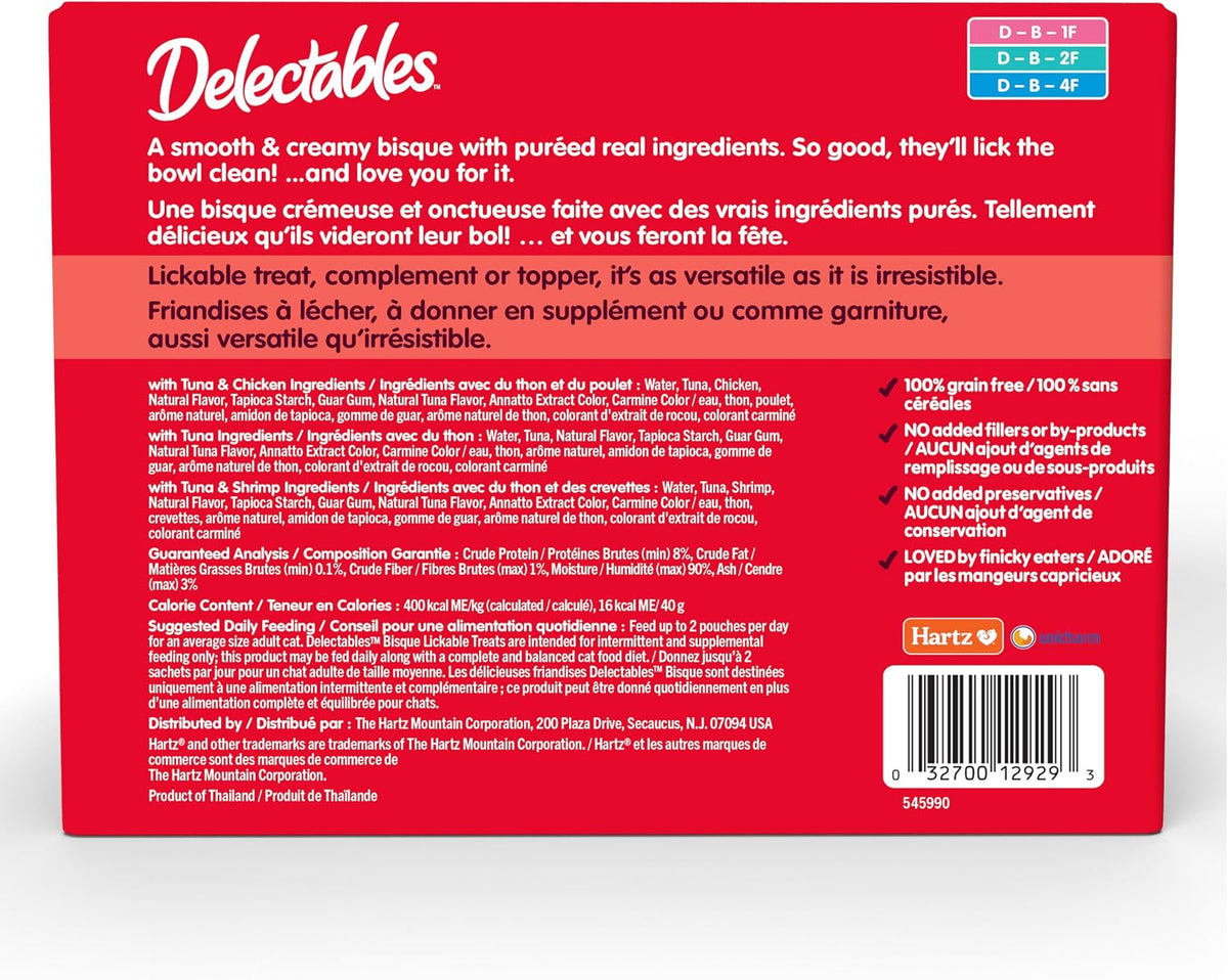Delectables Lickable Treat Bisque Wet Cat Treat Variety Pack, Food Topper, Hydrating, Grain-Free, No Fillers, No By-Products, No Added Preservatives, 1.4oz Pouch, 30ct