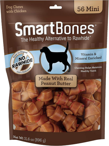 SmartBones Mini Bones with Real Peanut Butter 56 Count, Rawhide-Free Chews for Dogs