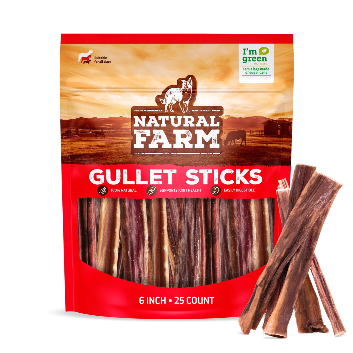 Natural Farm Odor-Free Bully Sticks (6 Inch, 25 count),1.3 lb. Bag, Fully Digestible 100% Beef Pizzle Chews,Grass-Fed, Non-GMO,Grain-Free, Natural Long-Lasting Chews for Small & Large Dogs. Pack of 25