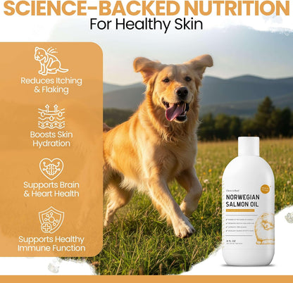 Salmon Oil for Dogs - Premium Fish Oil for Skin and Coat Health - Omega 3 Supplement - Supports Itchy Skin - 8 oz Liquid - Norwegian Dog Salmon Oil - Essential Dog Supplement