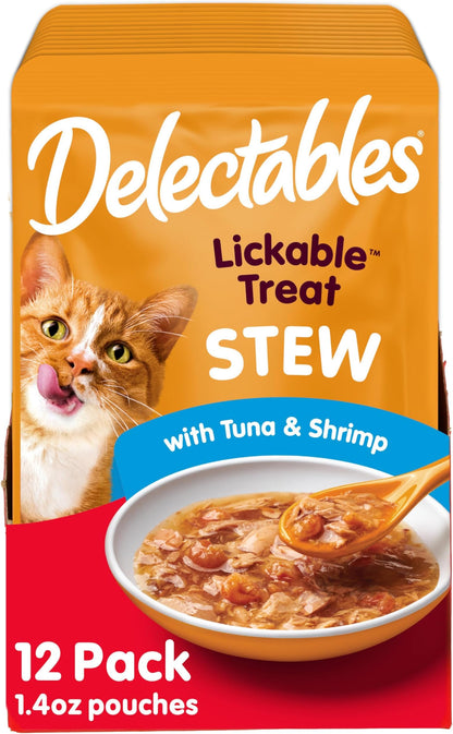 Delectables Lickable Treat Stew Wet Cat Treat with Real Tuna & Shrimp, Food Topper, Hydrating, Grain-Free, No Fillers, No By-Products, No Added Preservatives, 1.4oz Pouch, 12ct