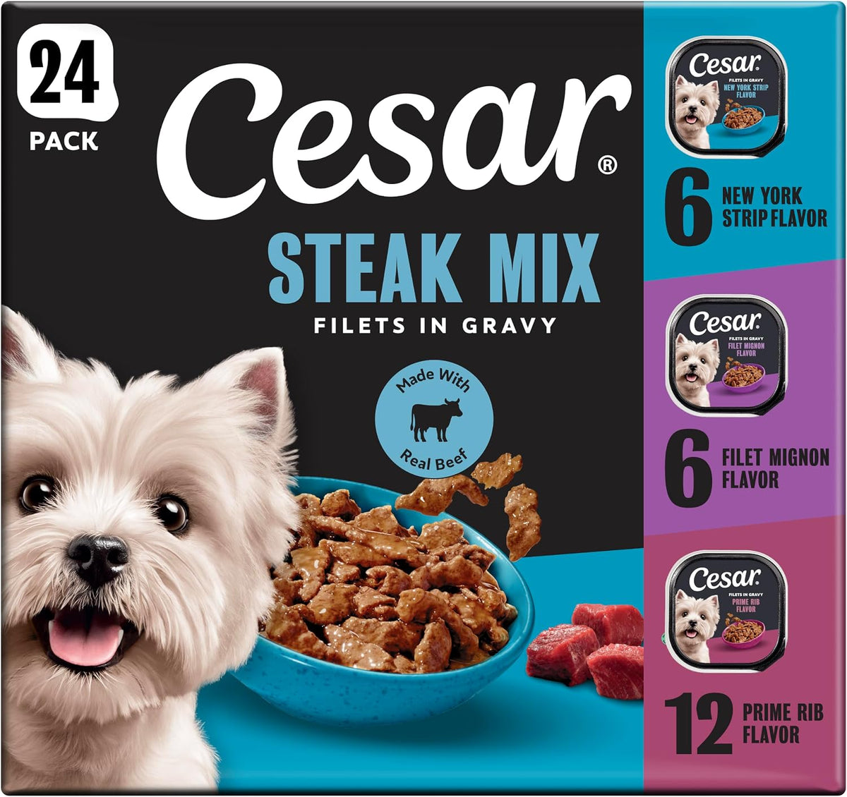 Cesar Filets in Gravy Wet Dog Food, Steak Mix Variety, 3.5 oz, 24 Count
