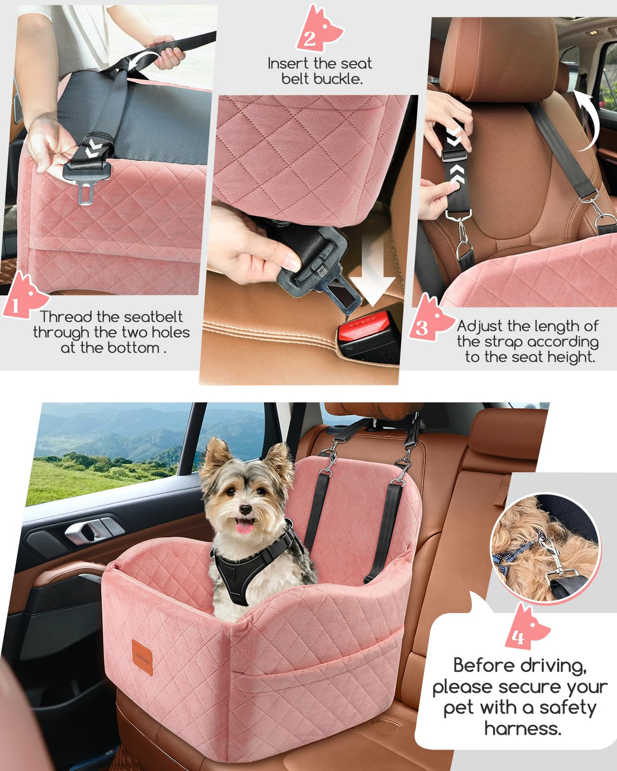 Lealchum Dog Booster Car Seat for S/M Dogs Up to 35lbs,Soft 6in Elevated Cushion,Fits in Front/Back Seat,Fully Detachable and Washable,2 Storage Pockets & 3 Straps,Easy to Install (Black/Brown,Medium)