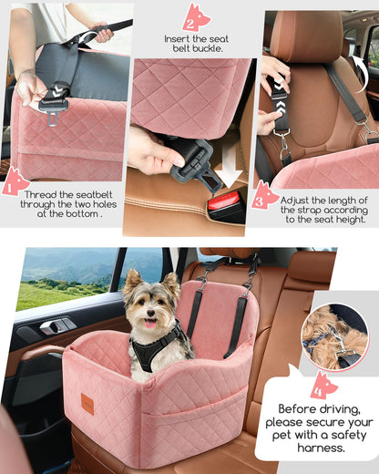 Lealchum Dog Booster Car Seat for S/M Dogs Up to 35lbs,Soft 6in Elevated Cushion,Fits in Front/Back Seat,Fully Detachable and Washable,2 Storage Pockets & 3 Straps,Easy to Install (Black/Brown,Medium)