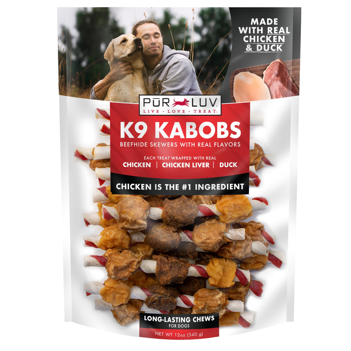 Pur Luv Dog Treats, K9 Kabobs Made with Real Chicken and Duck, 12 Ounces, Dog Snacks, Healthy, Easily Digestible, Long-Lasting, High Protein Treat, Satisfies Urge to Chew (Pack of 12)