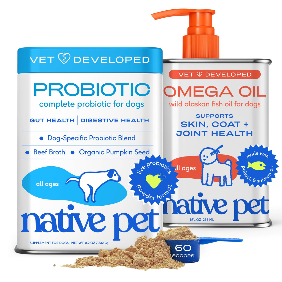 Native Pet GutWell Power Poop - Digestive Support & Fiber for Dogs - Promotes Healthy Stools, Supports Balanced Microbiome & Digestive Function - Triple-Biotic Blend & M-Fiber - 60 Scoops