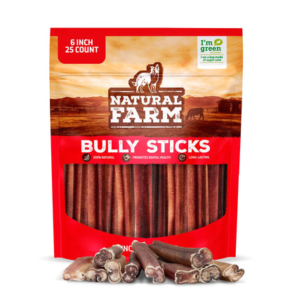 Natural Farm Bully Sticks, Odor-Free, (6 Inch, 12 Ounces), Packaged by Weight, 100% Beef Pizzle Chews, Grass-Fed, Fully Digestible Treats to Keep Your Puppies, Small and Medium Dogs Busy