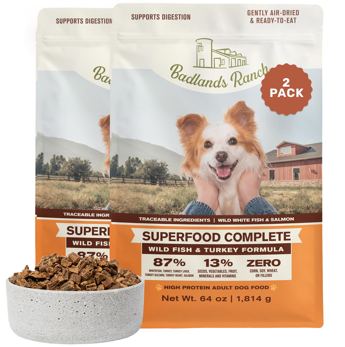 BADLANDS RANCH Air-Dried Beef & Bison Dog Food, 87% Meat, 24 oz