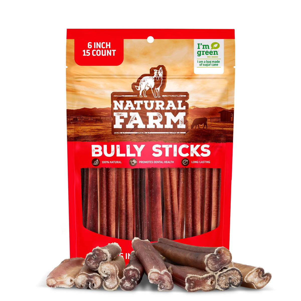 Natural Farm Odor-Free Bully Sticks (6 Inch, 25 count),1.3 lb. Bag, Fully Digestible 100% Beef Pizzle Chews,Grass-Fed, Non-GMO,Grain-Free, Natural Long-Lasting Chews for Small & Large Dogs. Pack of 25