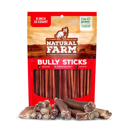Natural Farm Odor-Free Bully Sticks (6 Inch, 25 count),1.3 lb. Bag, Fully Digestible 100% Beef Pizzle Chews,Grass-Fed, Non-GMO,Grain-Free, Natural Long-Lasting Chews for Small & Large Dogs. Pack of 25