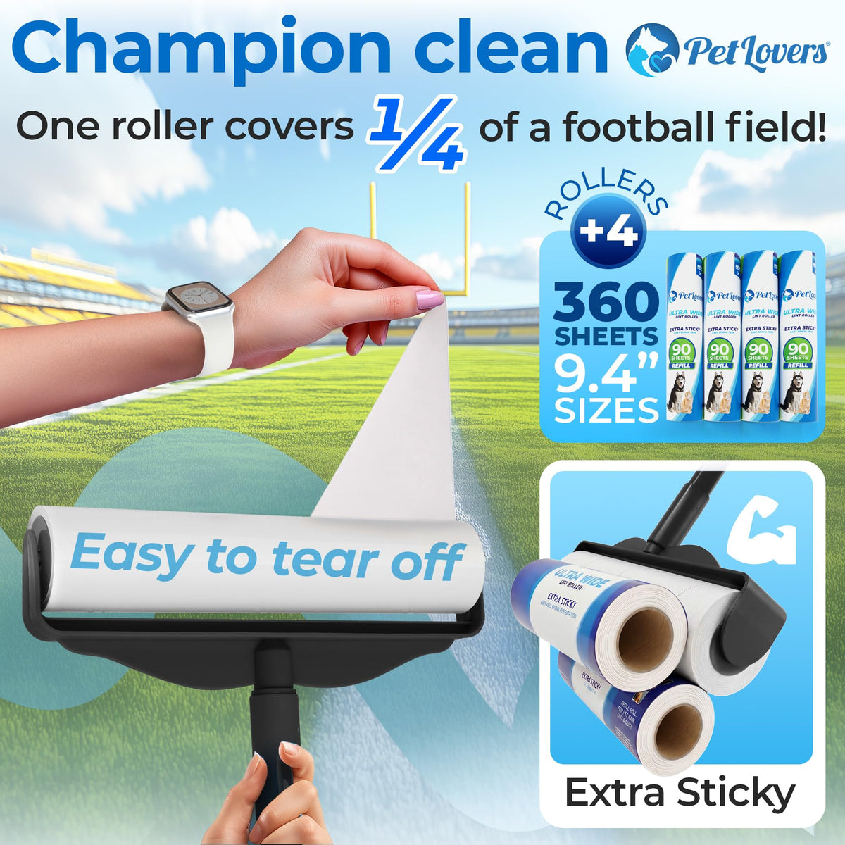 PetLovers Extra Sticky Lint Roller Mega Value Set 450 Sheets for Pet Hair Removal and Clothes, Dog and Cat Lint Remover 5 Pack