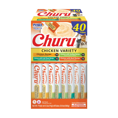 INABA Churu Cat Treats, Lickable, Squeezable Creamy Purée Cat Treat with Green Tea Extract & Taurine, 0.5 Ounces Each Tube, 20 Tubes, Chicken Variety Box