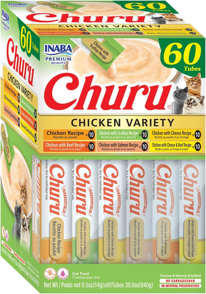 INABA Churu Cat Treats, Lickable, Squeezable Creamy Purée Cat Treat with Green Tea Extract & Taurine, 0.5 Ounces Each Tube, 20 Tubes, Chicken Variety Box