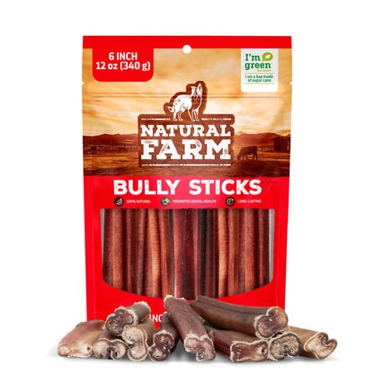 Natural Farm Odor-Free Bully Sticks (6 Inch, 25 count),1.3 lb. Bag, Fully Digestible 100% Beef Pizzle Chews,Grass-Fed, Non-GMO,Grain-Free, Natural Long-Lasting Chews for Small & Large Dogs. Pack of 25