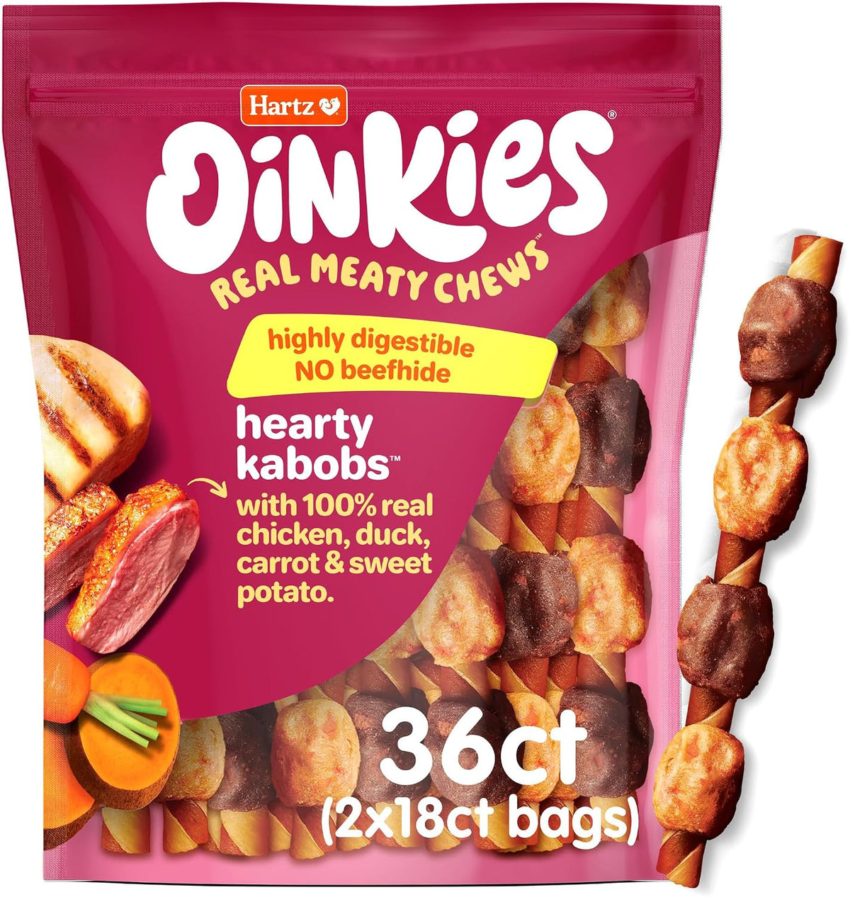Oinkies Hearty Kabobs Rawhide‑Free Dog Treats, 36 Count, 1.1 Pound (Pack of 6)