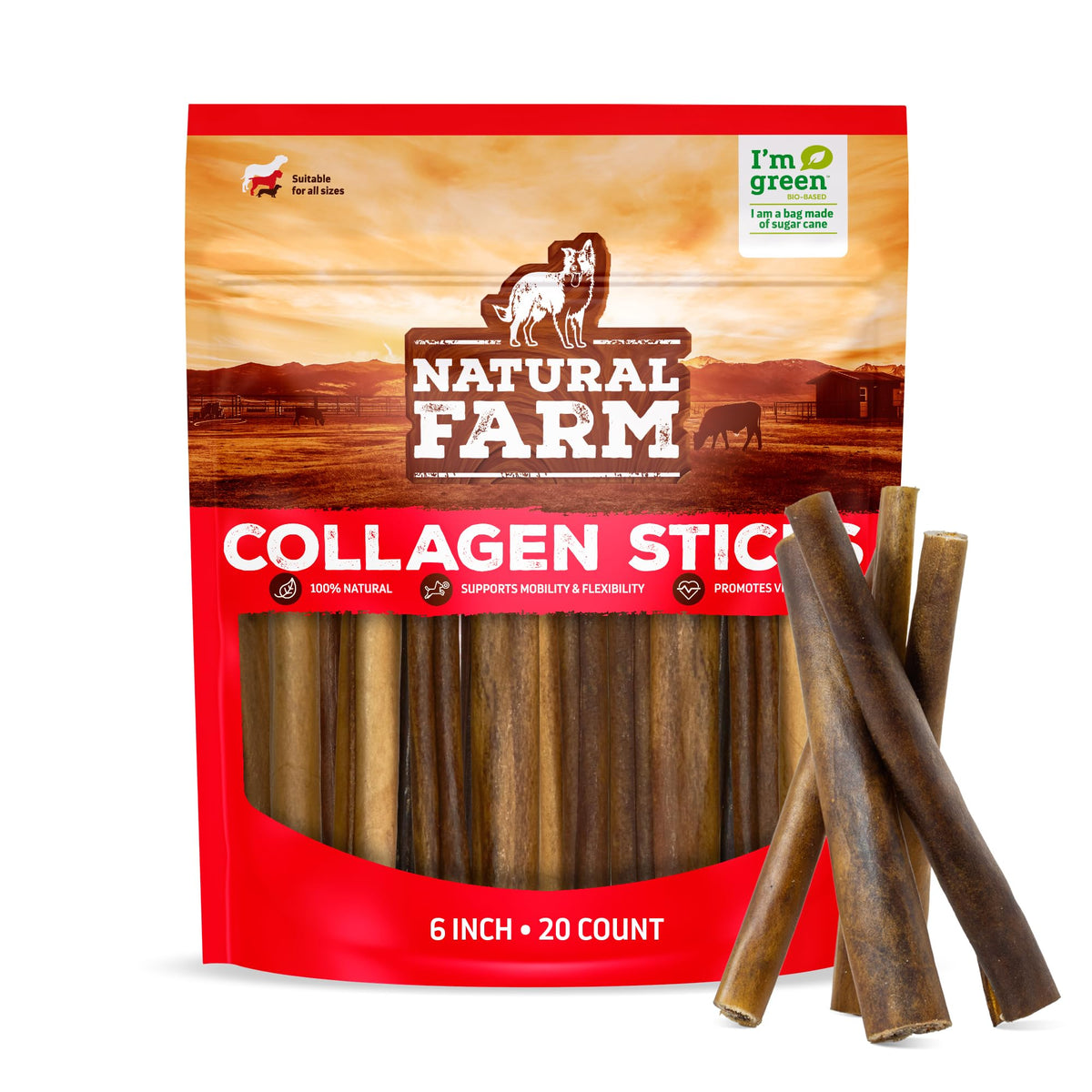 Natural Farm Odor-Free Bully Sticks (6 Inch, 25 count),1.3 lb. Bag, Fully Digestible 100% Beef Pizzle Chews,Grass-Fed, Non-GMO,Grain-Free, Natural Long-Lasting Chews for Small & Large Dogs. Pack of 25
