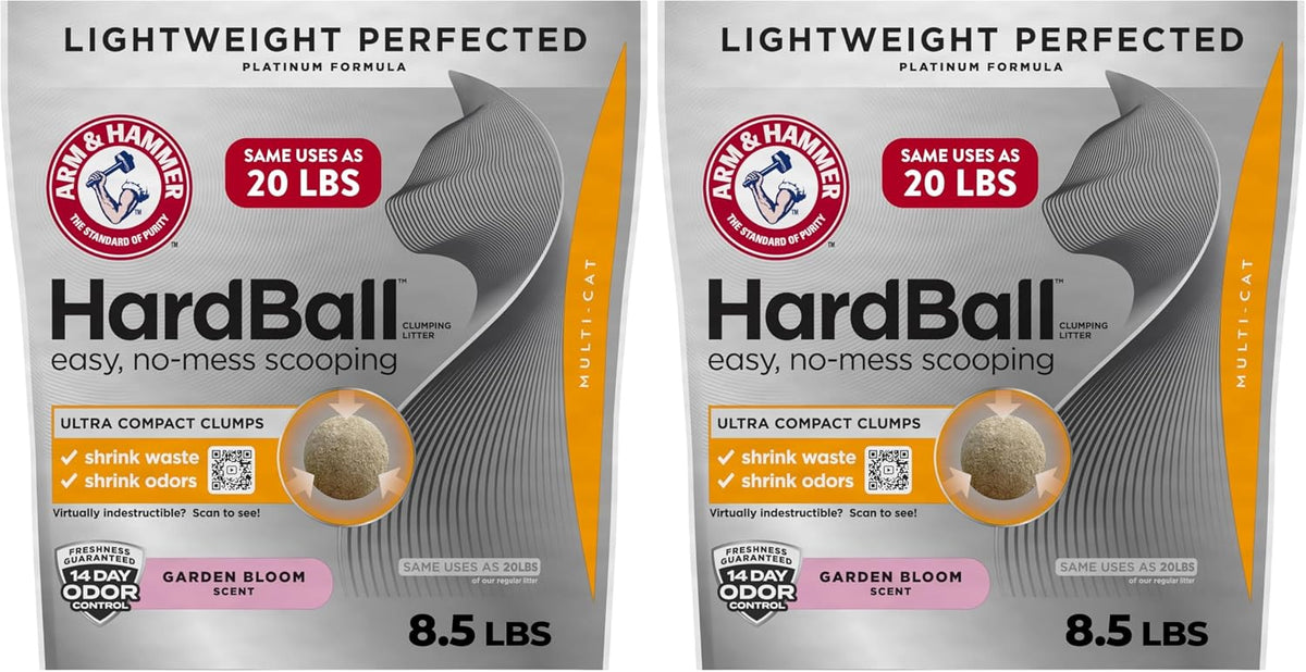 ARM & HAMMER Hardball Lightweight Easy No-Mess Scooping Garden Bloom Scent Platinum Multi-Cat Clumping Litter, 17lbs (2 Packs of 8.5lbs)