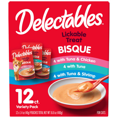 Delectables Lickable Treat Bisque Wet Cat Treat with Real Tuna, Food Topper, Hydrating, Grain-Free, No Fillers, By-Products, Added Preservatives, 1.4oz Pouch, 12ct
